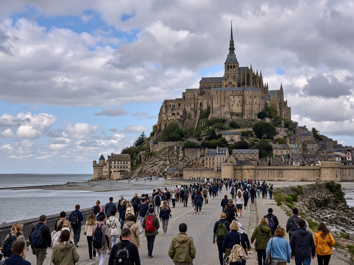 Foule de visiteurs sur la digue du Mont-Saint-Michel