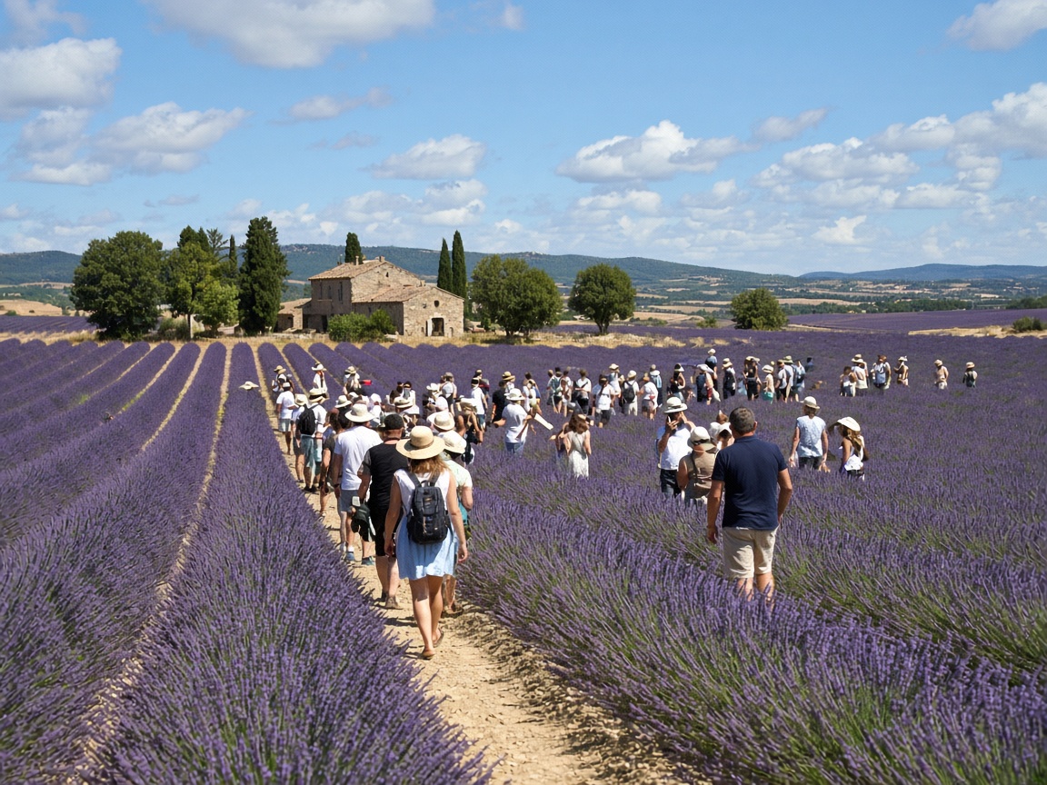 Groupe de voyageurs dans les champs de lavande de Valensole, Provence